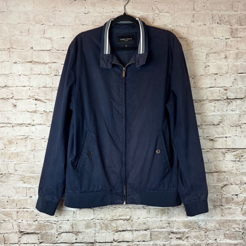 Galeries Lafayette Paris Men's XL Navy Blue Jacket Pockets Cotton Polyester